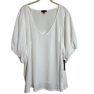 Vince Camuto Womens Puff Sleeve Gauze Blouse 3X White V-Neck Cottagecore Boho